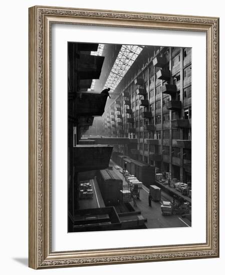 Off-Loaded Freight From Box Cars Being Hoisted Up to Jutting Loading Platforms, Brooklyn Army Base-Andreas Feininger-Framed Photographic Print