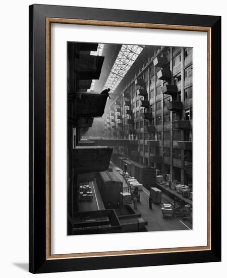 Off-Loaded Freight From Box Cars Being Hoisted Up to Jutting Loading Platforms, Brooklyn Army Base-Andreas Feininger-Framed Photographic Print