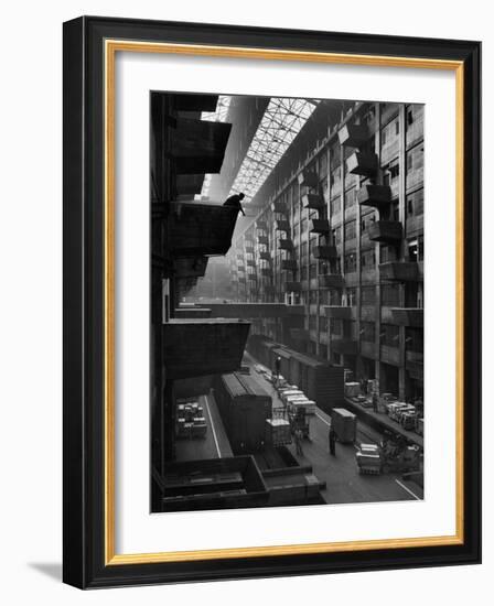 Off-Loaded Freight From Box Cars Being Hoisted Up to Jutting Loading Platforms, Brooklyn Army Base-Andreas Feininger-Framed Photographic Print