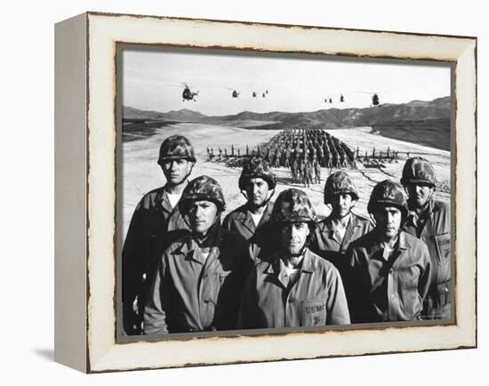 Officers and Men of Marine Corps Test Unit No.1, with Artillery Equipment, Helicopters in Formation-Hank Walker-Framed Premier Image Canvas