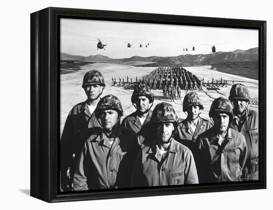 Officers and Men of Marine Corps Test Unit No.1, with Artillery Equipment, Helicopters in Formation-Hank Walker-Framed Premier Image Canvas