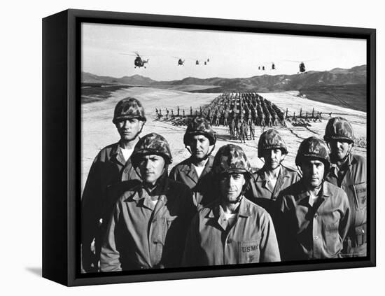 Officers and Men of Marine Corps Test Unit No.1, with Artillery Equipment, Helicopters in Formation-Hank Walker-Framed Premier Image Canvas