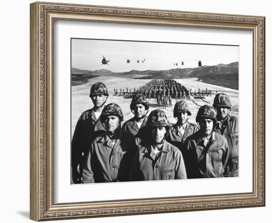 Officers and Men of Marine Corps Test Unit No.1, with Artillery Equipment, Helicopters in Formation-Hank Walker-Framed Photographic Print