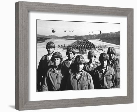 Officers and Men of Marine Corps Test Unit No.1, with Artillery Equipment, Helicopters in Formation-Hank Walker-Framed Photographic Print