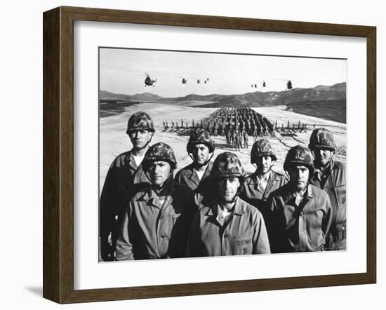 Officers and Men of Marine Corps Test Unit No.1, with Artillery Equipment, Helicopters in Formation-Hank Walker-Framed Photographic Print