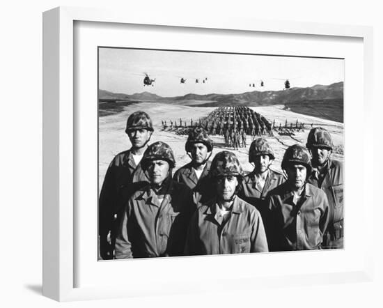 Officers and Men of Marine Corps Test Unit No.1, with Artillery Equipment, Helicopters in Formation-Hank Walker-Framed Photographic Print