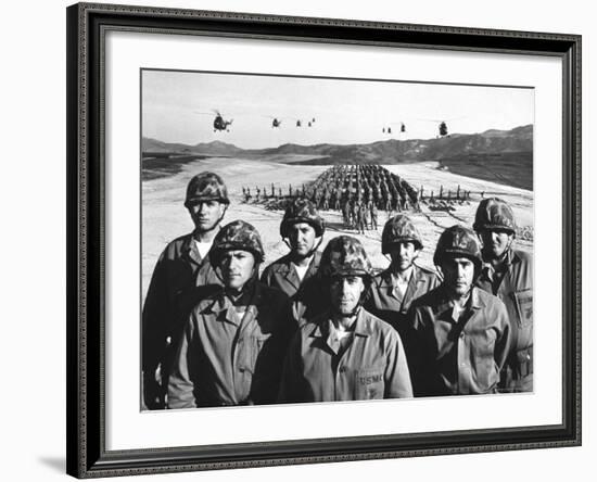 Officers and Men of Marine Corps Test Unit No.1, with Artillery Equipment, Helicopters in Formation-Hank Walker-Framed Photographic Print