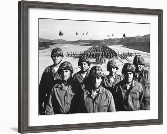 Officers and Men of Marine Corps Test Unit No.1, with Artillery Equipment, Helicopters in Formation-Hank Walker-Framed Photographic Print