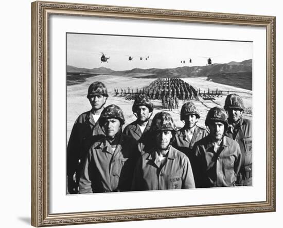 Officers and Men of Marine Corps Test Unit No.1, with Artillery Equipment, Helicopters in Formation-Hank Walker-Framed Photographic Print