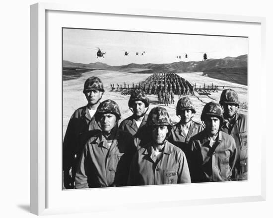 Officers and Men of Marine Corps Test Unit No.1, with Artillery Equipment, Helicopters in Formation-Hank Walker-Framed Photographic Print