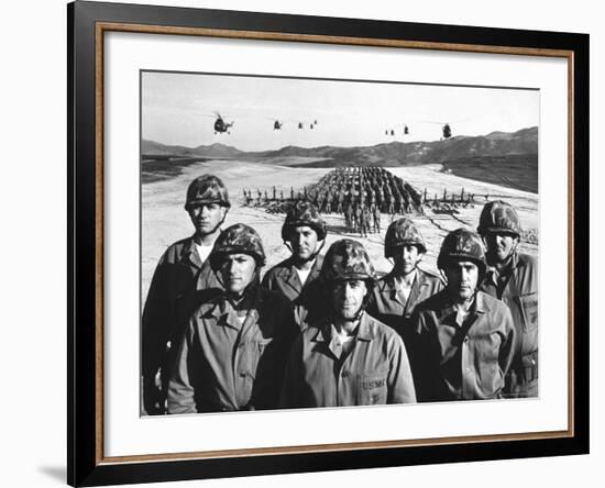 Officers and Men of Marine Corps Test Unit No.1, with Artillery Equipment, Helicopters in Formation-Hank Walker-Framed Photographic Print