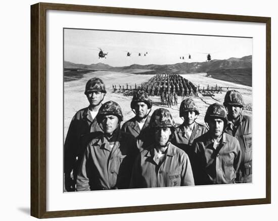 Officers and Men of Marine Corps Test Unit No.1, with Artillery Equipment, Helicopters in Formation-Hank Walker-Framed Photographic Print