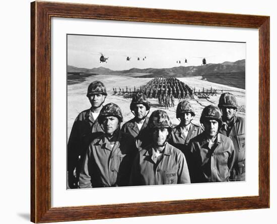 Officers and Men of Marine Corps Test Unit No.1, with Artillery Equipment, Helicopters in Formation-Hank Walker-Framed Photographic Print