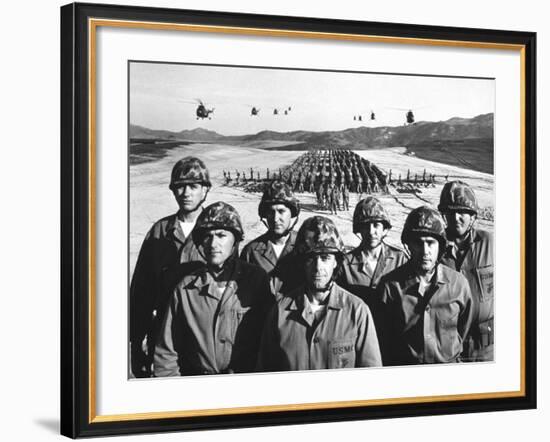 Officers and Men of Marine Corps Test Unit No.1, with Artillery Equipment, Helicopters in Formation-Hank Walker-Framed Photographic Print