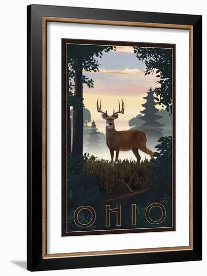 Ohio - Deer and Sunrise-Lantern Press-Framed Art Print