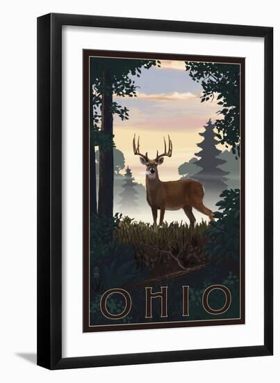 Ohio - Deer and Sunrise-Lantern Press-Framed Art Print