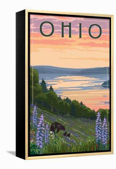 Ohio - Lake and Bear Family-Lantern Press-Framed Stretched Canvas