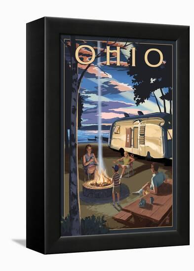 Ohio - Retro Camper and Lake-Lantern Press-Framed Stretched Canvas