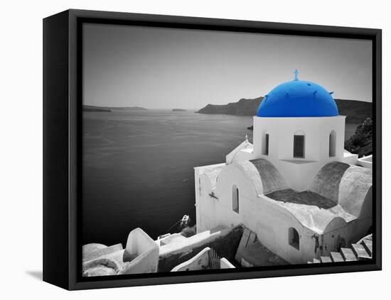 Oia Town on Santorini Island, Greece. Black and White Styled with Blue Dome of Traditional Church O-Michal Bednarek-Framed Premier Image Canvas