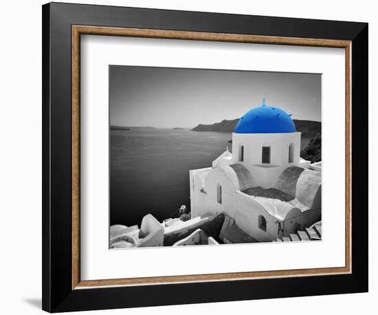 Oia Town on Santorini Island, Greece. Black and White Styled with Blue Dome of Traditional Church O-Michal Bednarek-Framed Photographic Print