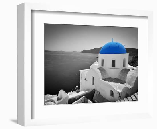 Oia Town on Santorini Island, Greece. Black and White Styled with Blue Dome of Traditional Church O-Michal Bednarek-Framed Photographic Print