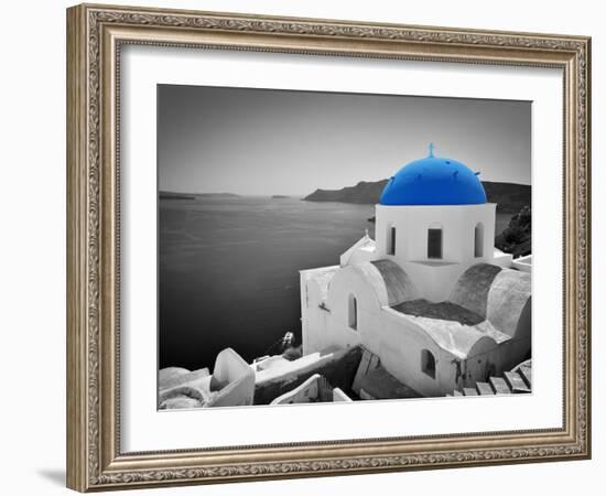 Oia Town on Santorini Island, Greece. Black and White Styled with Blue Dome of Traditional Church O-Michal Bednarek-Framed Photographic Print