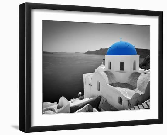 Oia Town on Santorini Island, Greece. Black and White Styled with Blue Dome of Traditional Church O-Michal Bednarek-Framed Photographic Print