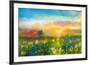 Oil Painting Flowers Dandelion, Cornflower, Daisy in Fields. Sunset Meadow Landscape with Wildflowe-pluie_r-Framed Art Print