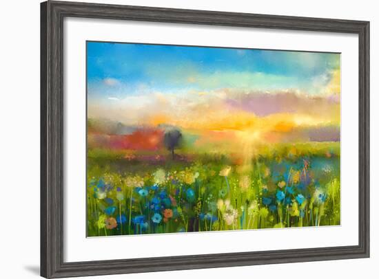 Oil Painting Flowers Dandelion, Cornflower, Daisy in Fields. Sunset Meadow Landscape with Wildflowe-pluie_r-Framed Art Print