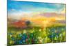 Oil Painting Flowers Dandelion, Cornflower, Daisy in Fields. Sunset Meadow Landscape with Wildflowe-pluie_r-Mounted Art Print
