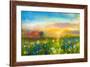 Oil Painting Flowers Dandelion, Cornflower, Daisy in Fields. Sunset Meadow Landscape with Wildflowe-pluie_r-Framed Art Print