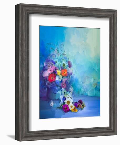 Oil Painting Flowers in Vase. Hand Paint Still Life Bouquet of White,Yellow and Orange Sunflower, G-pluie_r-Framed Art Print