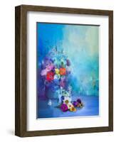 Oil Painting Flowers in Vase. Hand Paint Still Life Bouquet of White,Yellow and Orange Sunflower, G-pluie_r-Framed Art Print