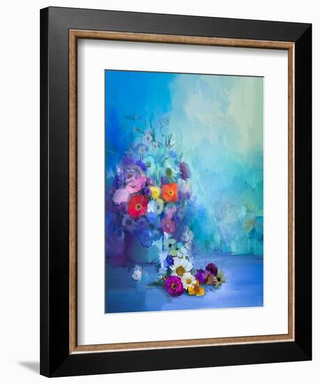 Oil Painting Flowers in Vase. Hand Paint Still Life Bouquet of White,Yellow and Orange Sunflower, G-pluie_r-Framed Art Print