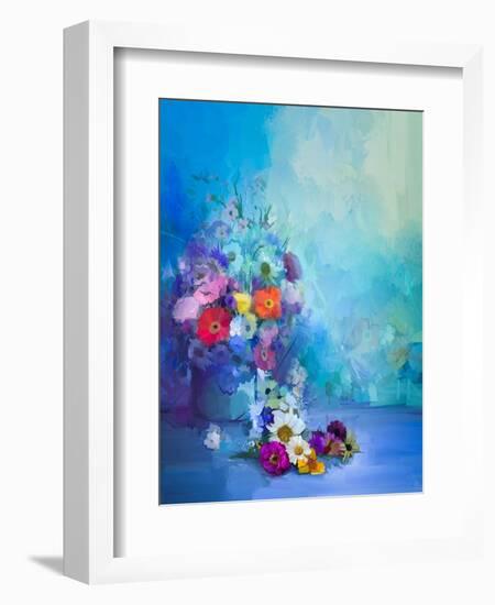 Oil Painting Flowers in Vase. Hand Paint Still Life Bouquet of White,Yellow and Orange Sunflower, G-pluie_r-Framed Art Print