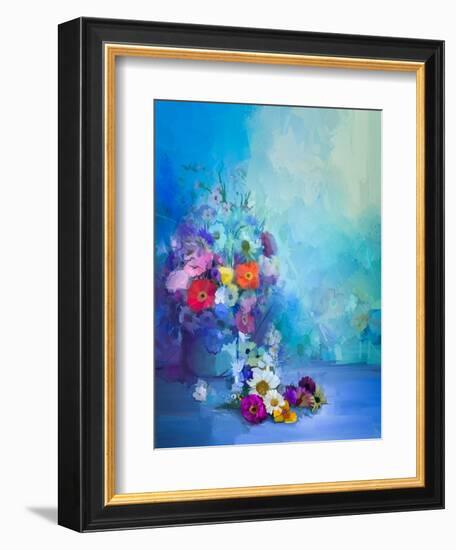 Oil Painting Flowers in Vase. Hand Paint Still Life Bouquet of White,Yellow and Orange Sunflower, G-pluie_r-Framed Art Print