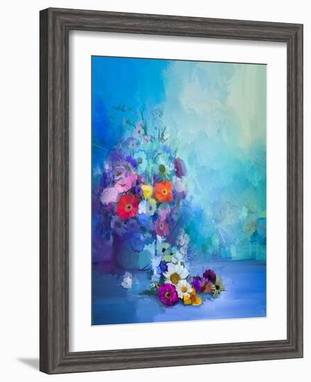 Oil Painting Flowers in Vase. Hand Paint Still Life Bouquet of White,Yellow and Orange Sunflower, G-pluie_r-Framed Art Print