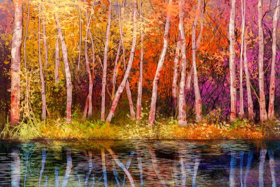 Oil Painting Landscape Colorful Autumn Trees Semi Abstract
