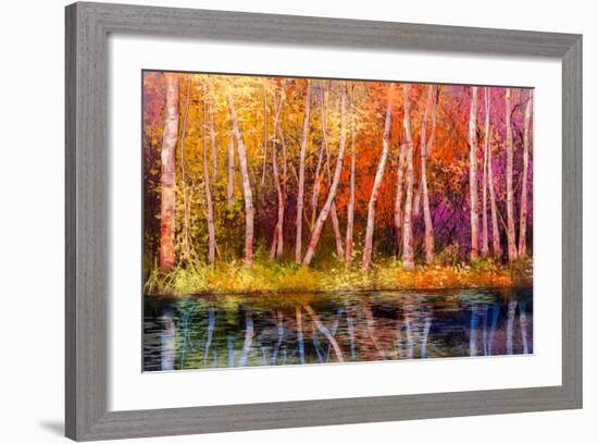 Oil Painting Landscape - Colorful Autumn Trees. Semi Abstract Image of Forest, Trees with Yellow --pluie_r-Framed Art Print