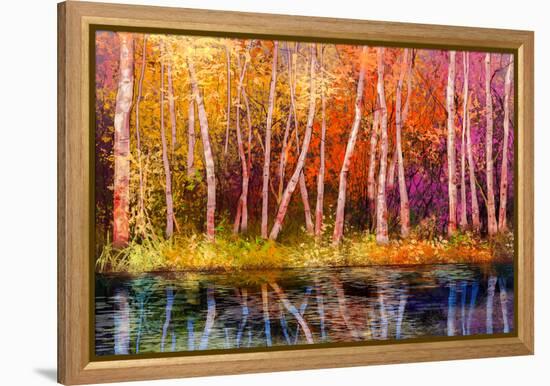 Oil Painting Landscape - Colorful Autumn Trees. Semi Abstract Image of Forest, Trees with Yellow --pluie_r-Framed Stretched Canvas
