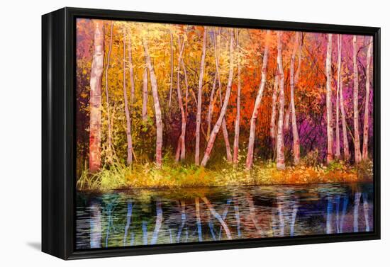 Oil Painting Landscape - Colorful Autumn Trees. Semi Abstract Image of Forest, Trees with Yellow --pluie_r-Framed Stretched Canvas