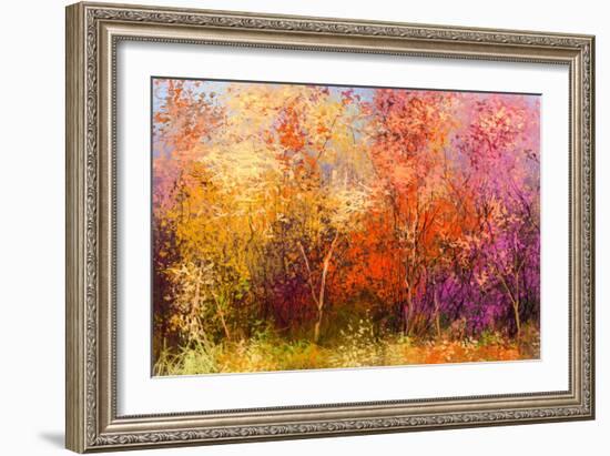 Oil Painting Landscape - Colorful Autumn Trees. Semi Abstract Image of Forest, Trees with Yellow --pluie_r-Framed Art Print