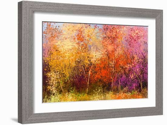 Oil Painting Landscape - Colorful Autumn Trees. Semi Abstract Image of Forest, Trees with Yellow --pluie_r-Framed Art Print