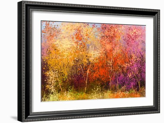 Oil Painting Landscape - Colorful Autumn Trees. Semi Abstract Image of Forest, Trees with Yellow --pluie_r-Framed Art Print