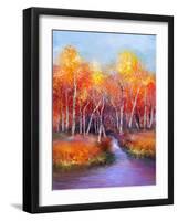 Oil Painting Landscape - Colorful Autumn Trees. Semi Abstract Image of Forest, Trees with Yellow --pluie_r-Framed Art Print
