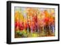 Oil Painting Landscape, Colorful Autumn Trees. Semi Abstract Paintings Image of Forest, Aspen Tree-pluie_r-Framed Art Print