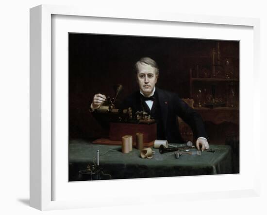 Oil painting of inventor Thomas Edison in his laboratory.-Vernon Lewis Gallery-Framed Art Print