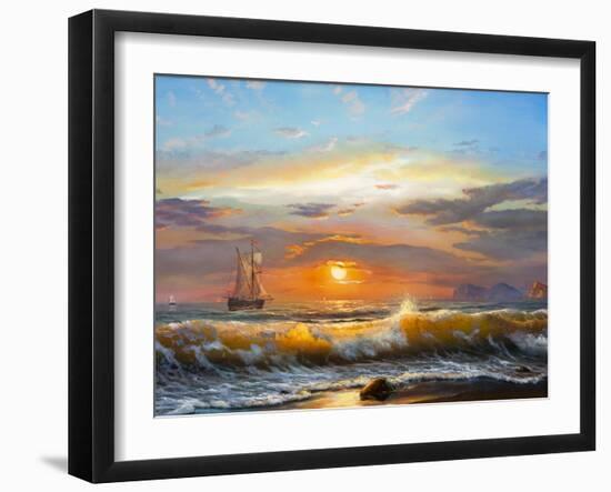 Oil Painting on Canvas , Sailboat against a Background of Sea Sunset-Liliya Kulianionak-Framed Photographic Print
