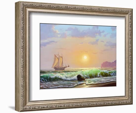 Oil Painting On Canvas , Sailboat Against A Background Of Sea Sunset-Lilun-Framed Art Print