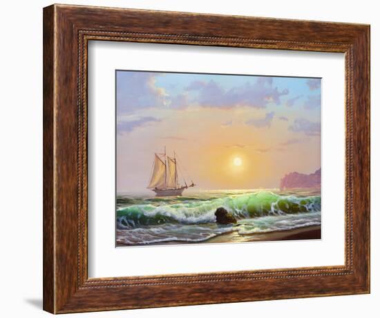 Oil Painting On Canvas , Sailboat Against A Background Of Sea Sunset-Lilun-Framed Art Print